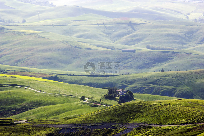 春季时典型的 tuscan 风景农田场地农村爬坡森林草地环境农场阴影国家图片