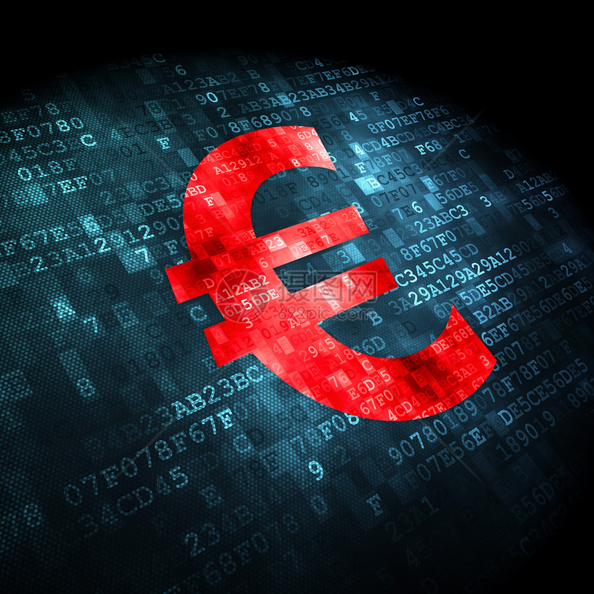 数字背景上的货币概念欧元展示储蓄技术屏幕市场蓝色数据财富像素化图片