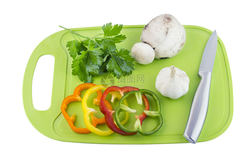 绿塑料板上的Parsley和蘑菇水果烹饪胡椒生活香料沙锅香菜草本植物盘子砧板图片