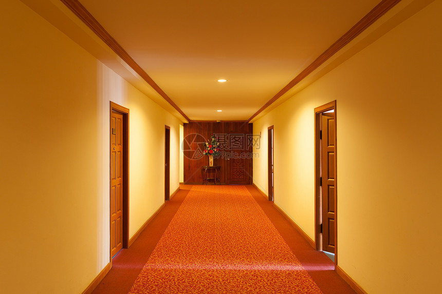 旅馆的一条小走廊休息木头植物酒店地毯旅行墙纸通道套房图片