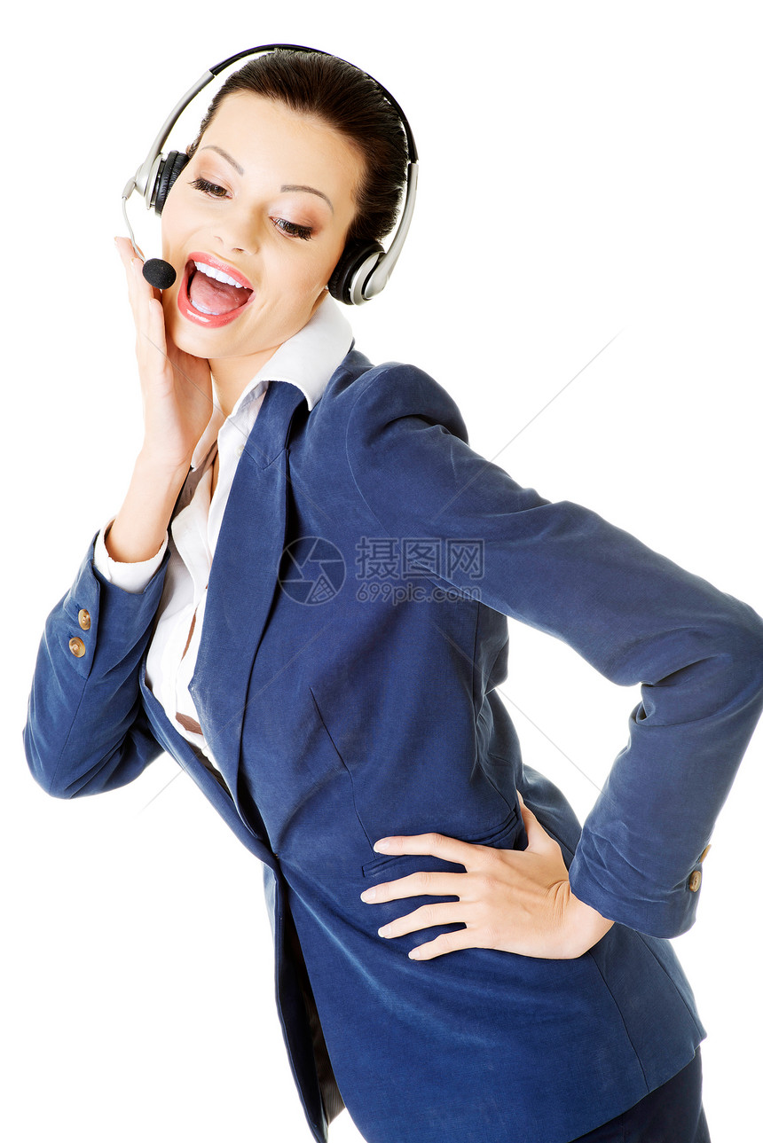 呼叫中心的漂亮商业女郎商业工作服务台成人推销接待员耳机女性办公室套装图片