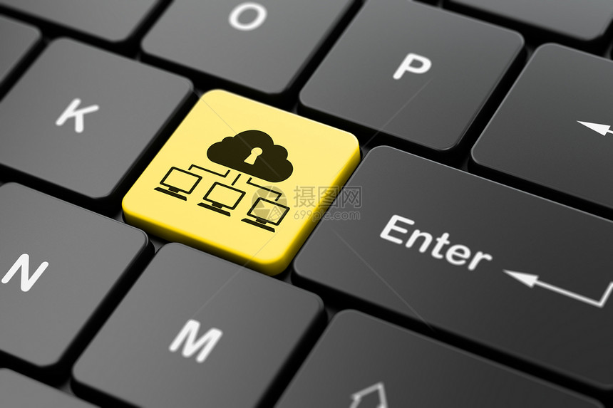 安全概念 计算机键盘背景的云网 在计算机键盘背景上黄色钥匙网络数据按钮局域网代码监视器隐私攻击图片