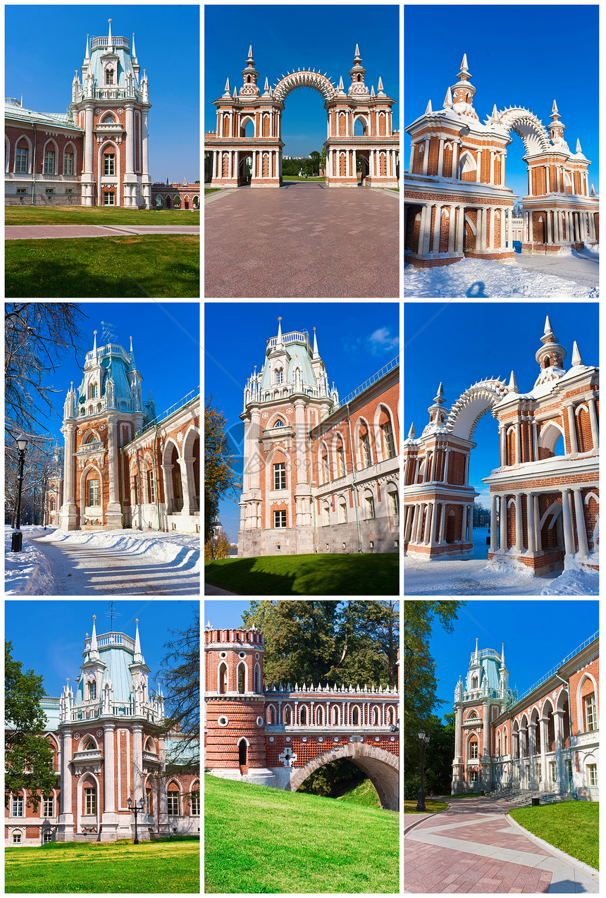 莫斯科沙里西诺Tsaritsyno建筑学公园地标文化博物馆建筑天空红色收藏绿色图片