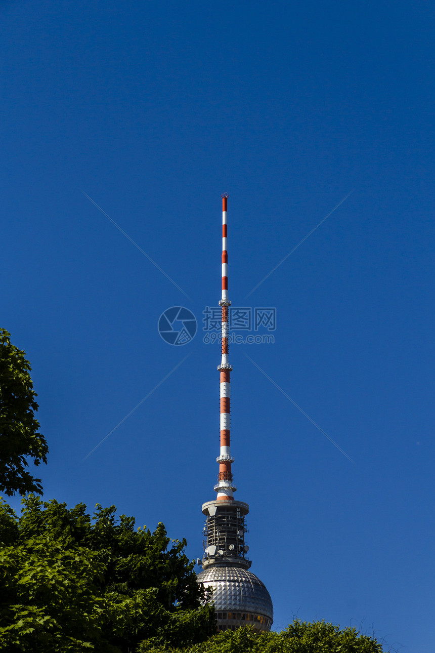 柏林电视塔的顶部隐藏在一些树乌鸦后面城市电视天空视图地标绿色植物蓝色首都图片
