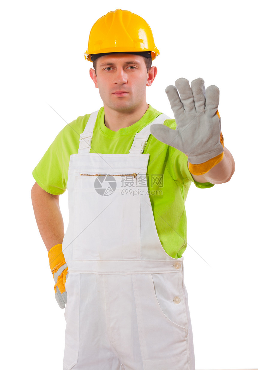 停下来承包商冒充家庭工作服绿色装潢安全帽工人幸福修理工图片