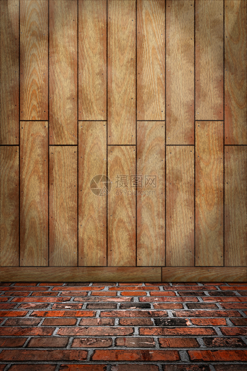 室内背景 棕木墙 红砖地板图片