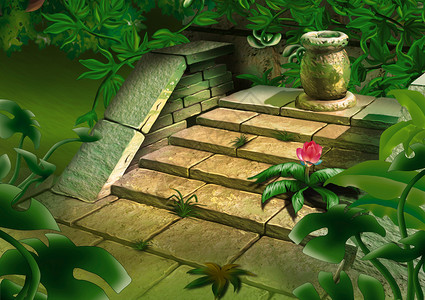 手绘植物植被丛林中的旧楼梯背景