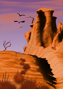 手绘马卡龙沙漠草原荒野鸟类沙漠位图动物动画片绘画岩石卡通片插图背景