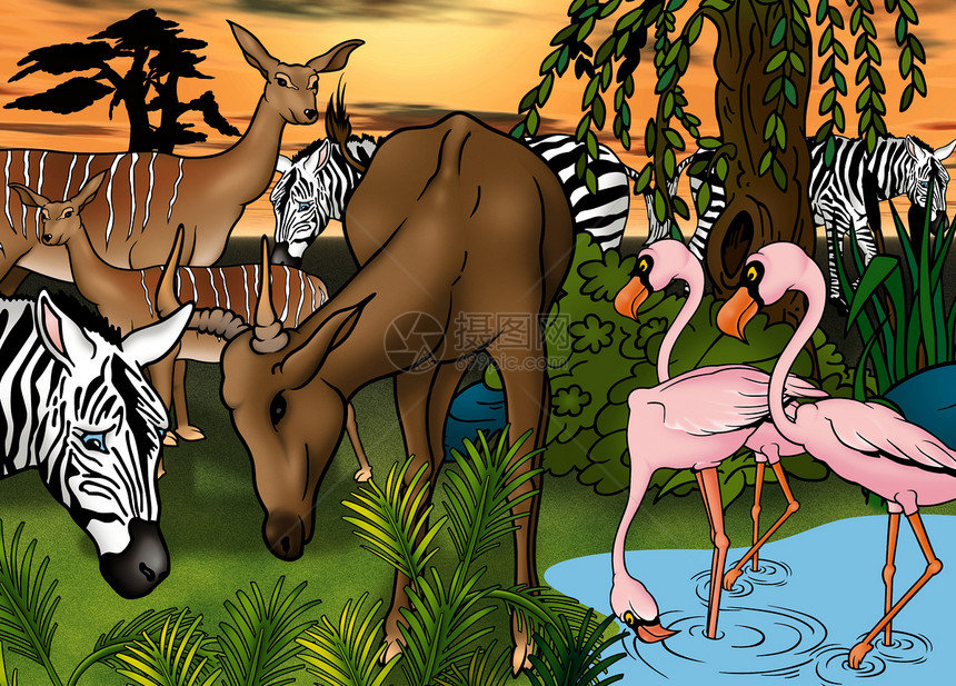 非洲动物插图羚羊鸟类衬套日落手绘起伏绘画卡通片荒野图片