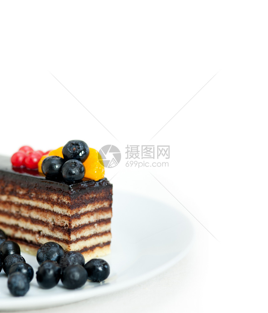 巧克力和水果蛋糕浆果醋栗馅饼橙子宏观面包水果奶油食物甜点图片