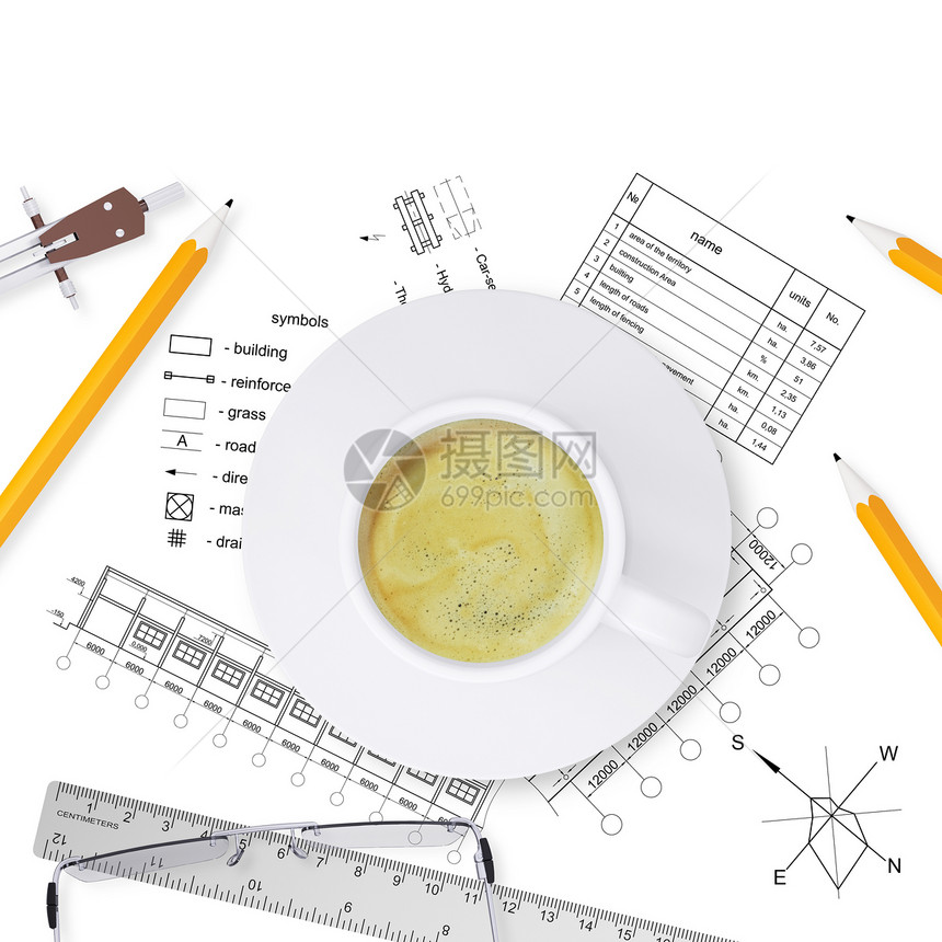 桌面建筑师飞碟蓝图建筑学床单框架杯子教育咖啡眼镜工作图片