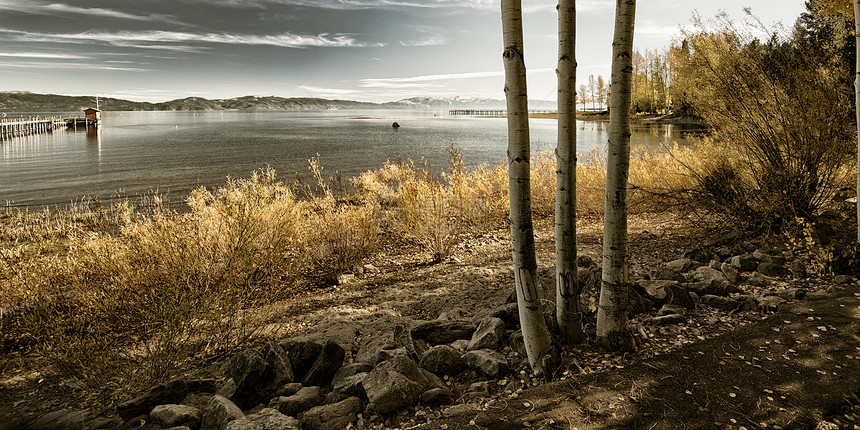 湖季节摄影森林目的地树木树干旅游水平全景场景图片