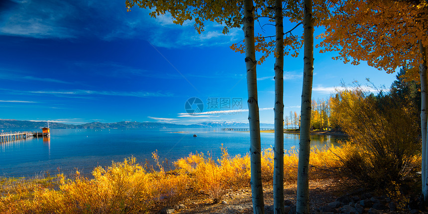 湖风景旅游水平季节摄影树木场景森林全景目的地图片