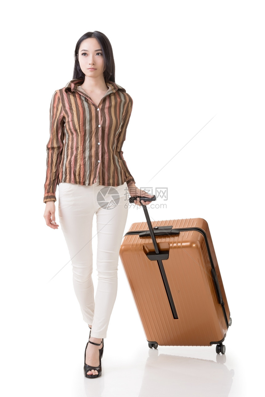 流动亚洲妇女行李女性旅行美丽旅游游客姿势手提箱乘客女士图片