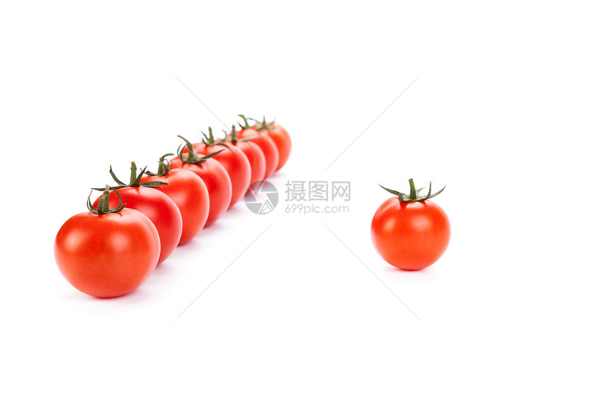 白色背景的红西红番茄排成一行沙拉酱厨房食物红色蔬菜水样图片