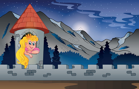 晚上塔和传输线和公主一起的背景城堡插画