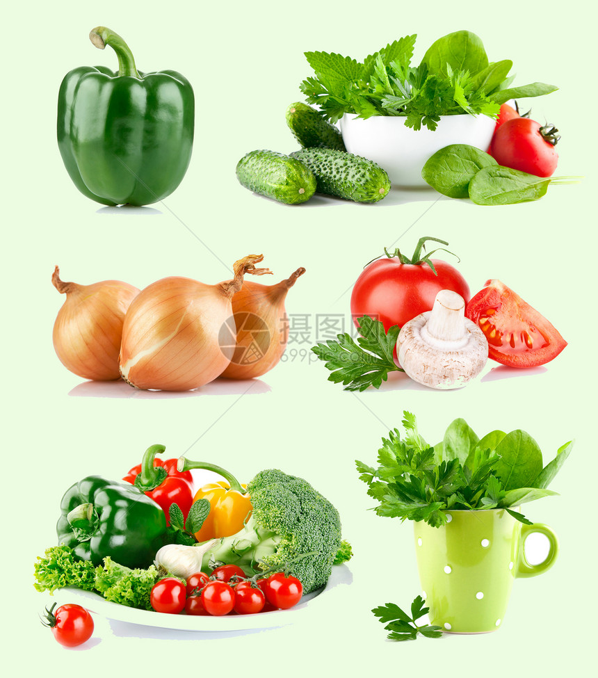 一套新鲜蔬菜杯子植物绿色植物叶子青菜维生素盘子胡椒沙拉团体图片