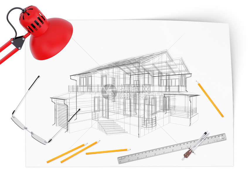 桌面建筑师草图眼镜房子技术飞碟工程床单教育工作框架图片