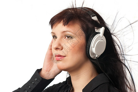 带耳机的妇女音乐女性白色技术快乐女士女孩享受背景图片