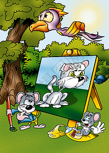 滑鼠画家动物插图艺术家鹦鹉微笑动画片卡通片手绘刷子绘画背景图片