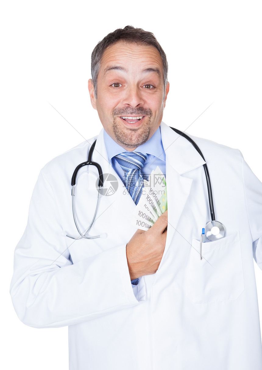 快乐医生持有欧元笔记外科微笑口袋货币男性临床利润职业医院现金图片