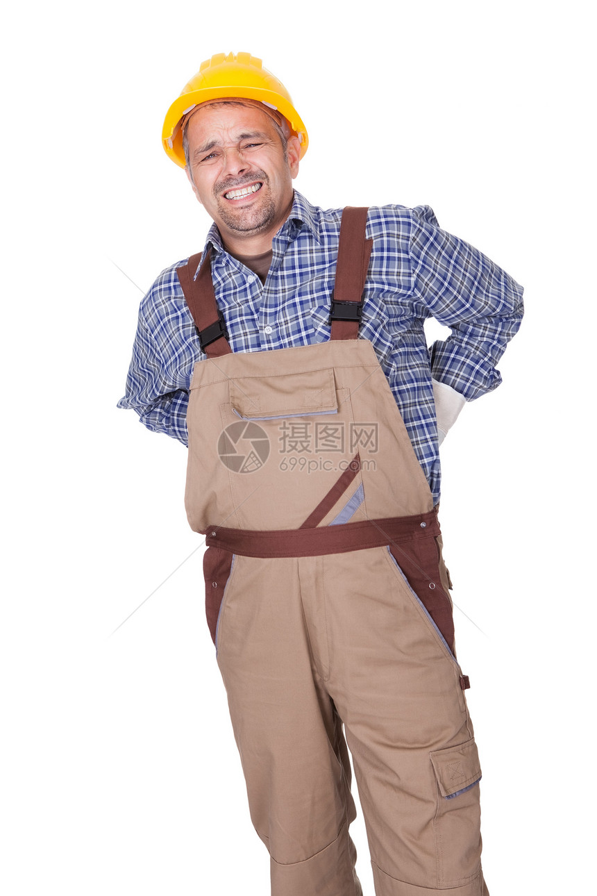 背痛工人的肖像腰部头盔修理工电工保健建设者安全帽领班疾病男人图片
