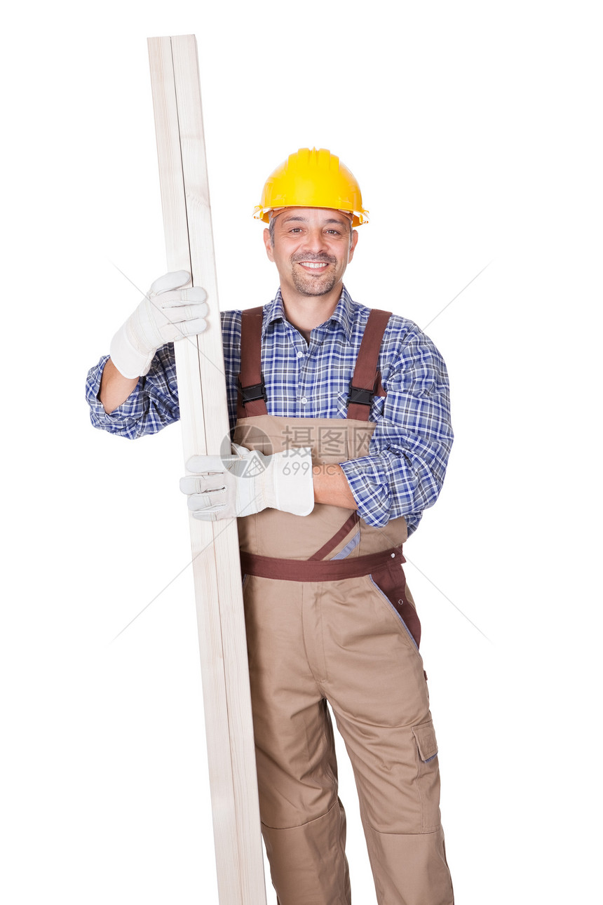 建筑工人的肖像微笑黄色技术员项目电工职业工作服安全帽工作手套图片