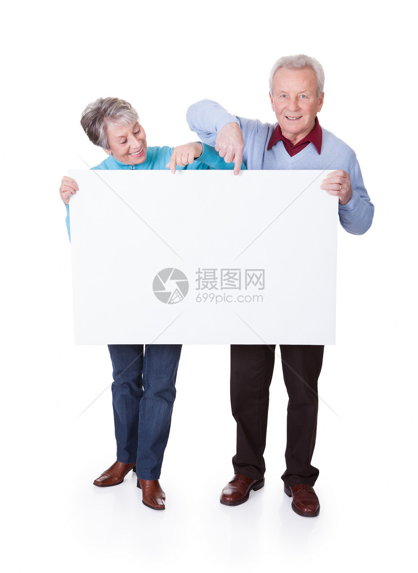 高级夫妇控股白板牌微笑横幅男人广告老年广告牌木板成人展示标语图片