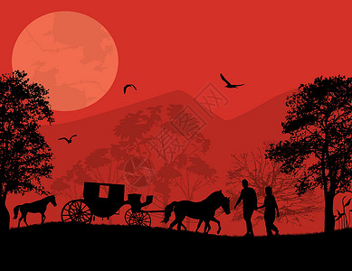 自行车上恋人红色日落时的婚姻和恋人插画