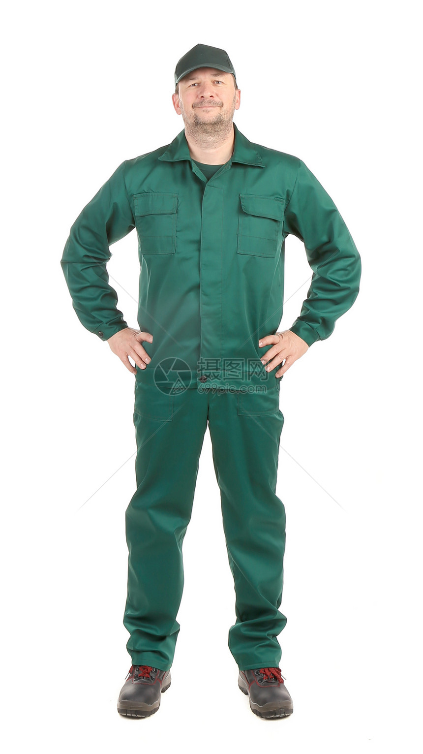 绿色工作服工人裤子背心服饰夹克服装棉布工作拉链纺织品套装图片