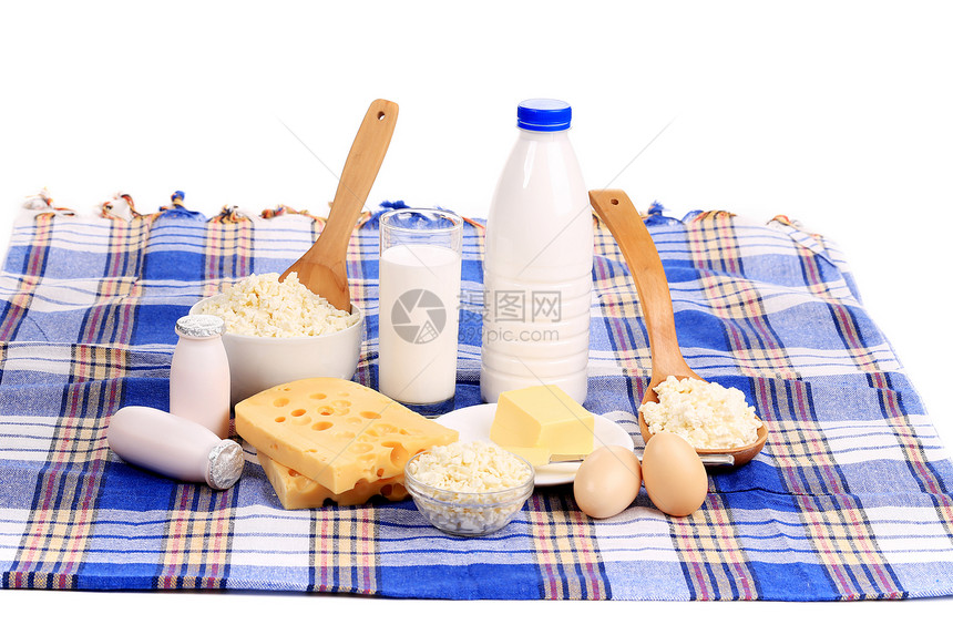 健康早餐产品的组成奶制品食物小吃小屋面包牛奶午餐桌布盘子瓶子图片