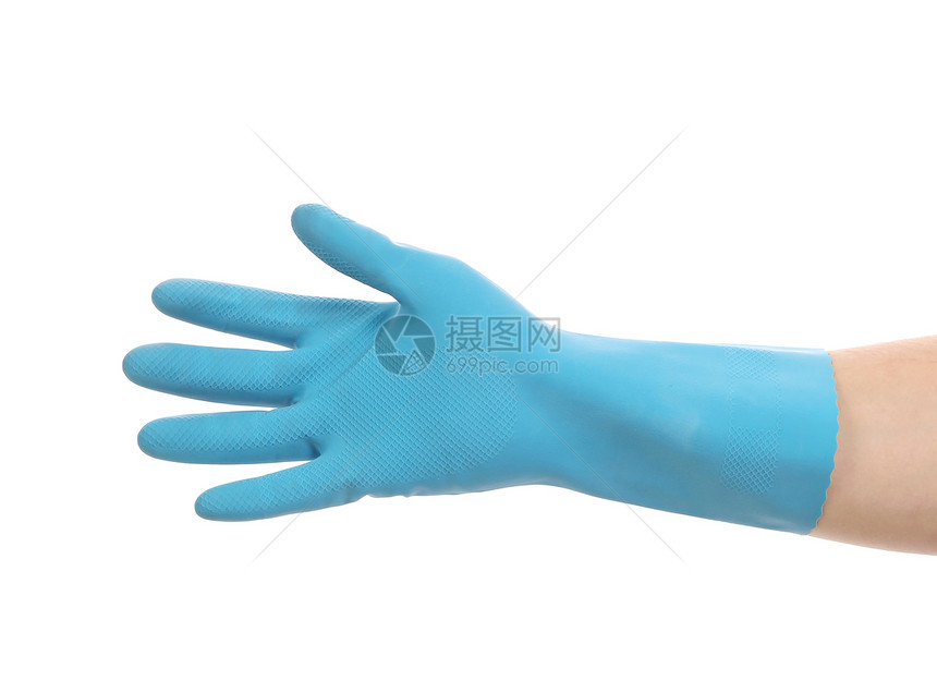 手上的蓝手套显示有5个手指乳胶家务蓝色棕榈橡皮家政安全女佣工作图片
