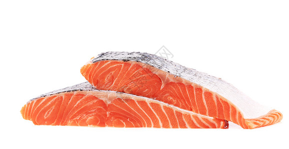 两片鲑鱼排在一起白色橙子鱼片美食牛扒红色皮肤产品背景图片