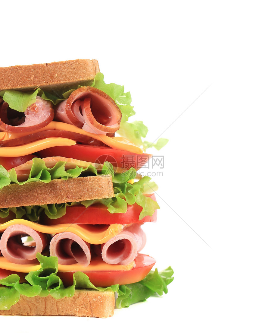 大三明治和新鲜蔬菜芝麻沙拉小吃家禽种子面包火腿垃圾熏制图片