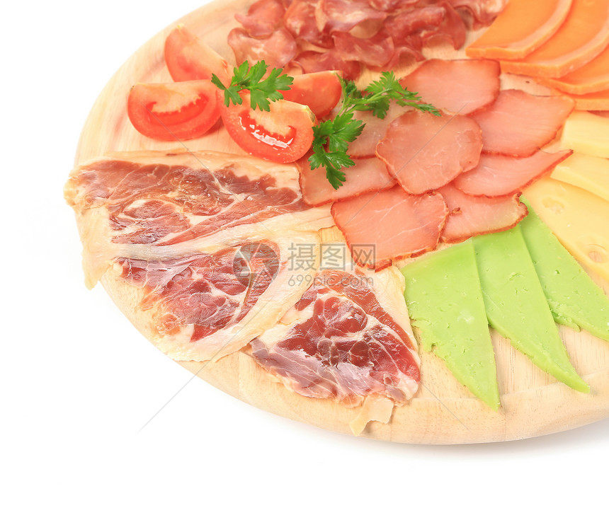 肉和奶酪贴近美食健康木头盘子香菜大理石食物拼盘蓝色模具图片