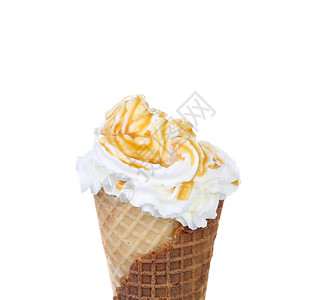 软质服务冰淇淋 加焦糖味道冻结锥体奶油香草配料漩涡产品甜点奶油状背景图片
