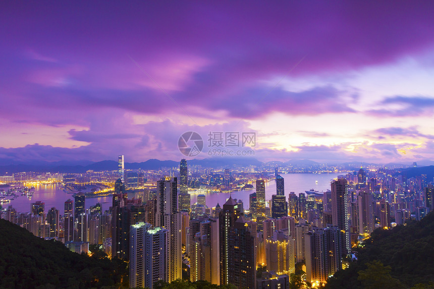 香港日出城市商业建筑旅行码头景观天际假期天空顶峰图片