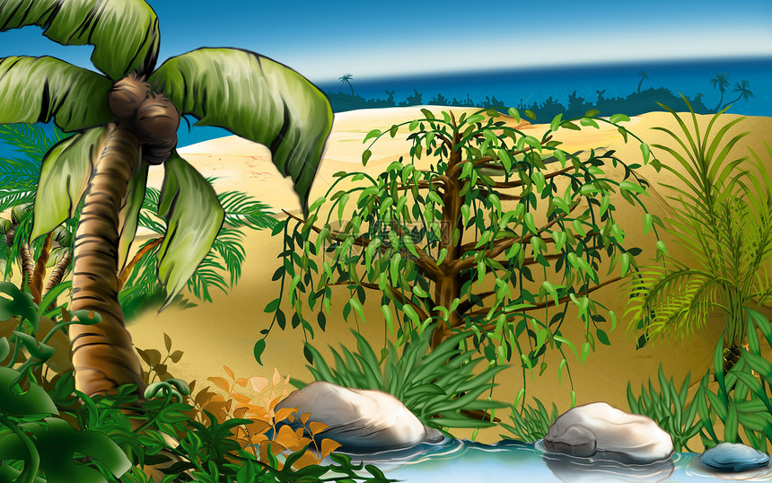 梦之岛灌木棕榈海滩插图手绘椰子手掌叶子池塘海洋图片