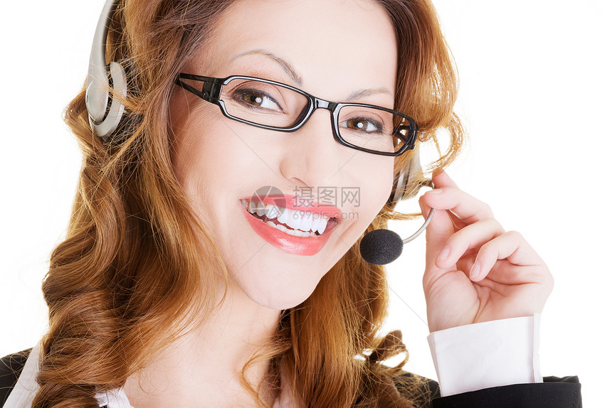 美丽的呼叫中心助手笑着微笑职员套装女士成人热线操作员顾客麦克风服务代理人图片