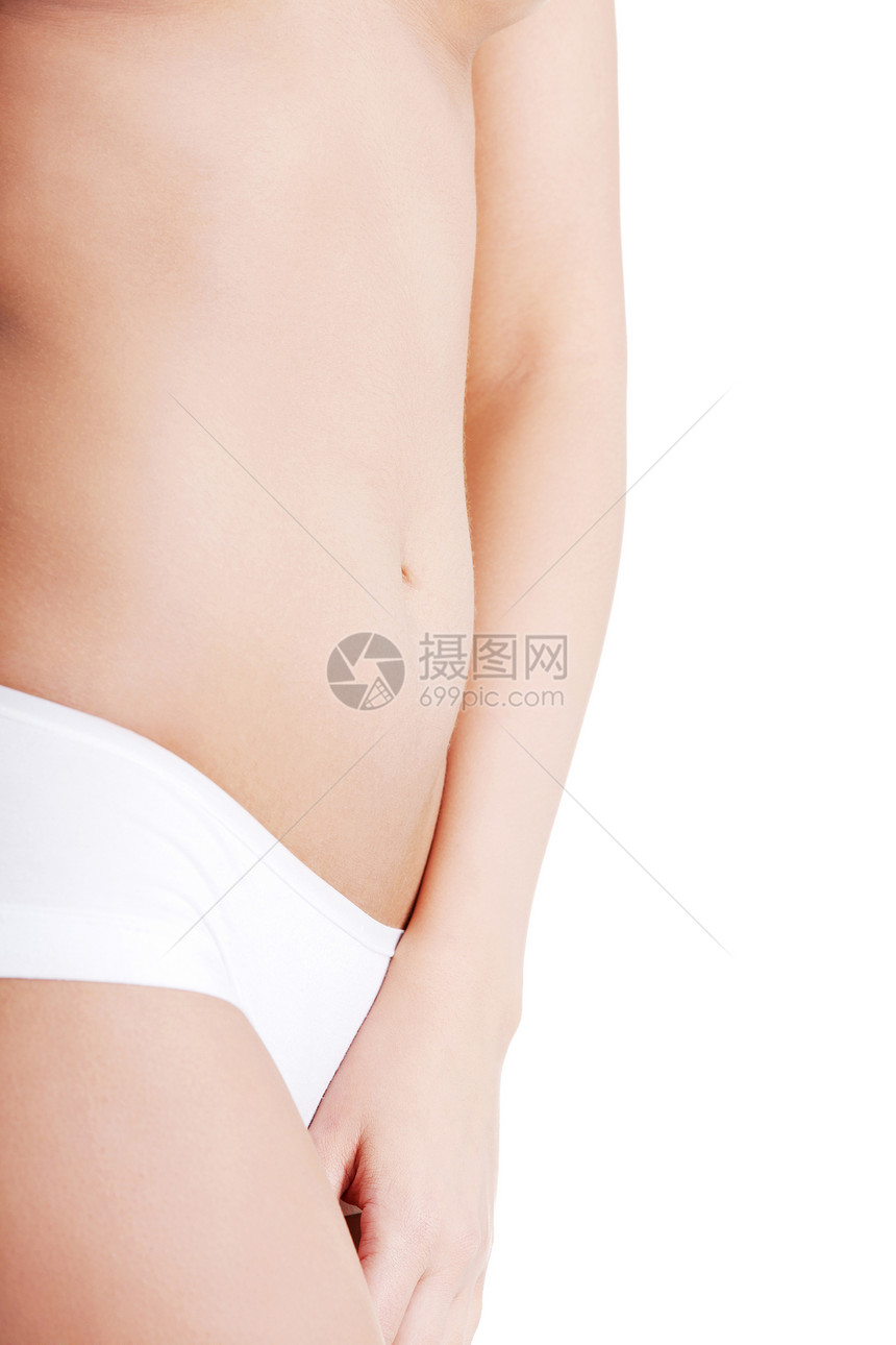 美丽的女性身体在白色上被孤立重量减肥女士消化健身房内裤滋养腹部饮食体操图片