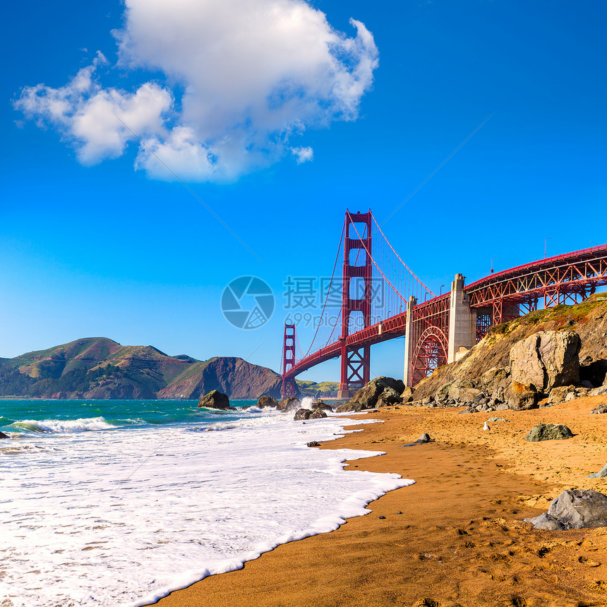 旧金山金门大桥 马歇尔海滩加利福尼亚州旅游海洋城市假期天空支撑建筑学市中心地标吸引力图片