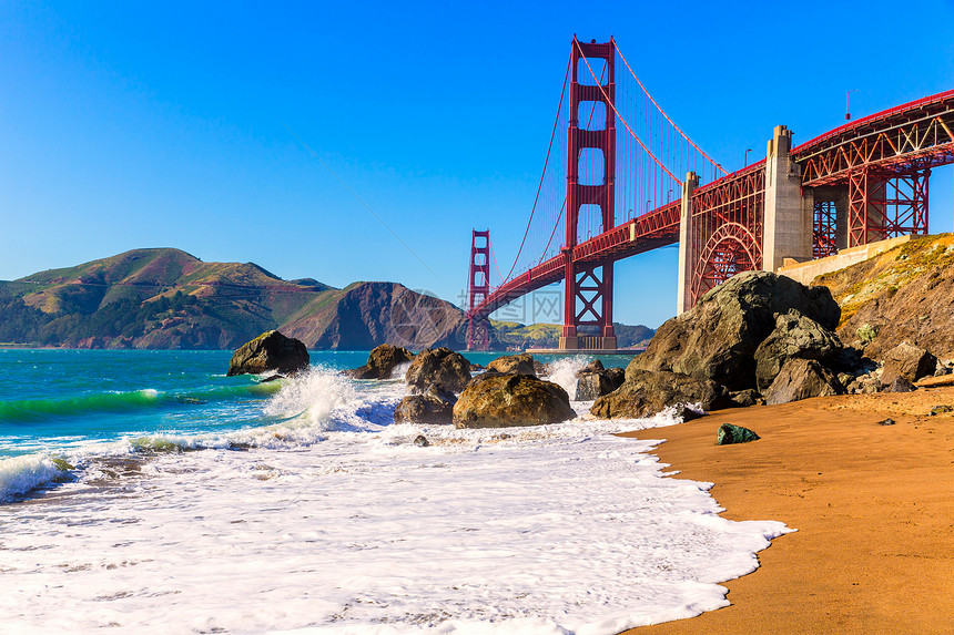 旧金山金门大桥 马歇尔海滩加利福尼亚州建筑学建造旅游蓝色市中心天空城市吸引力工程电缆图片
