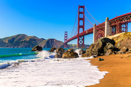 旧金山金门大桥 马歇尔海滩加利福尼亚州建筑学建造旅游蓝色市中心天空城市吸引力工程电缆背景图片