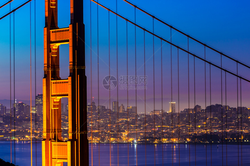 金门金门桥旧金山大桥通过电缆日落景观蓝色海洋反射悬崖吸引力建筑学天空工程市中心图片