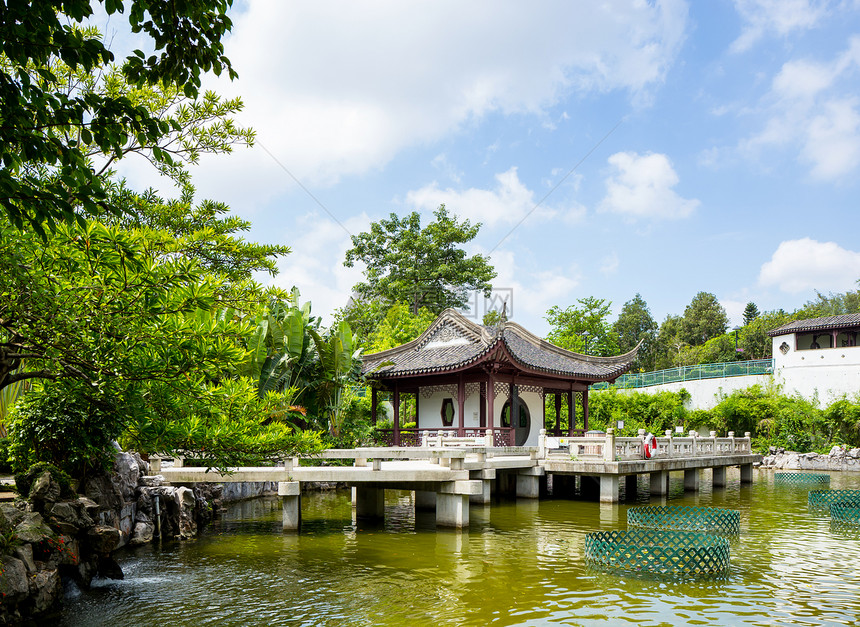 中华风格馆植物花园房子石头传统蓝色寺庙入口建筑天空图片