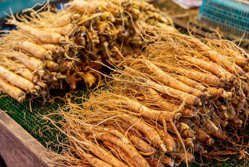 食品市场中的新鲜人参美食植物学香料草本植物蔬菜白色盘子食物药品草本图片