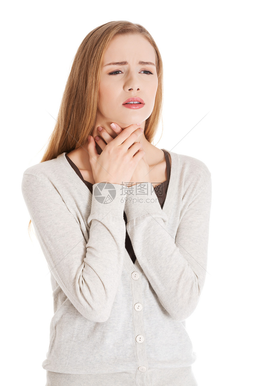 美丽的临时女郎喉咙很痛脖子成人痛苦白色疾病流感咽喉女性伤害保健图片