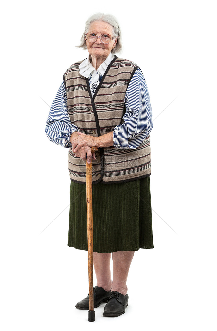 有根拐杖的老女人 白种背景微笑甘蔗工作室祖父母灰色养老金祖母白色生活智慧图片