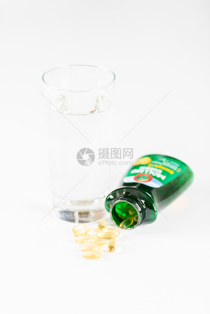 Omega3胶囊药片卫生营养黄色保健胶囊玻璃白色图片