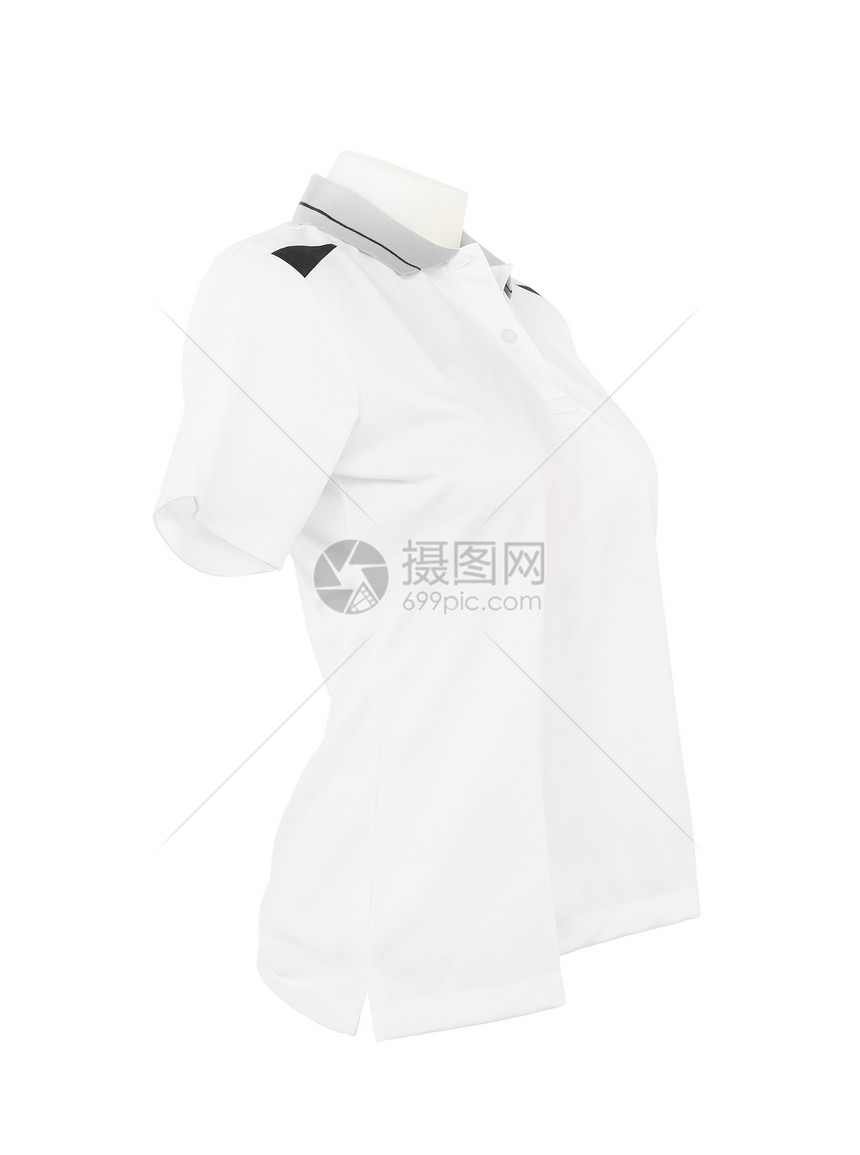 白色背景的模特片上的女性衬衫模板T恤衣服收藏剪裁小路衣领运动马球精品人体模型图片
